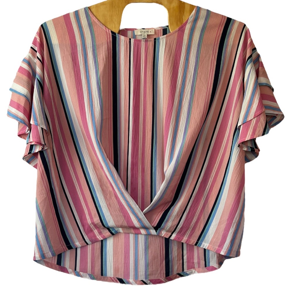 Umgee Pink Multi-Stripe Short Sleeve Blouse